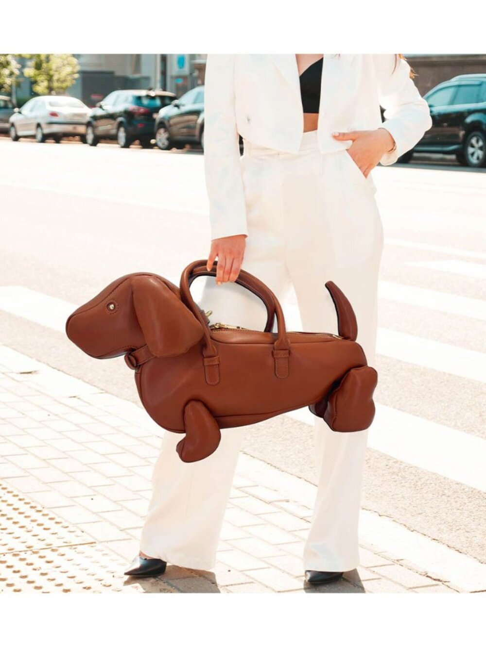 Tigerstars Brown Faux Leather Dachshund Dog Crossbody Handbag